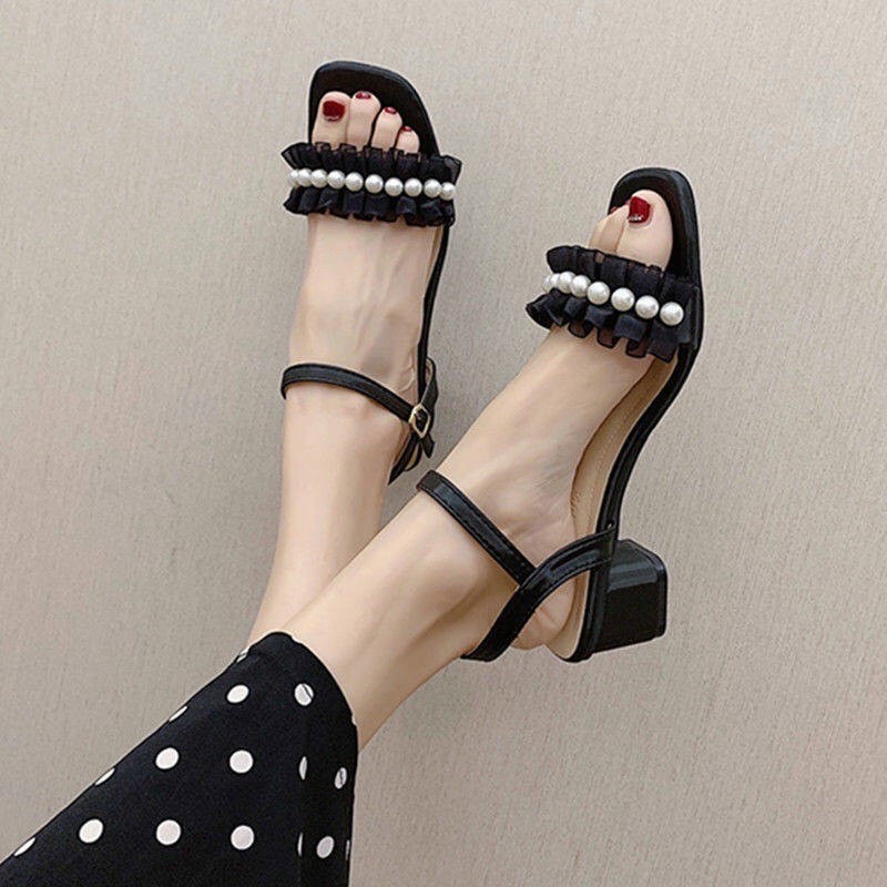[SenXanh] Sandal da mịn quai viền ren nhún đính dây ngọc cực xinh - 4P