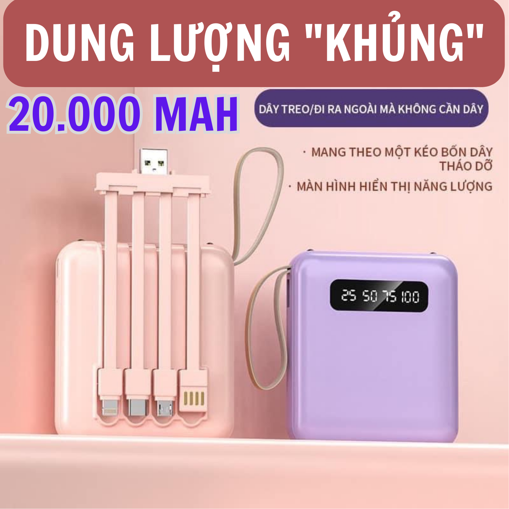 Pin sạc dự phòng 20000mah cao cấp, sạc dự phòng mini 4in1 thiết kế hiện đại sang trọng, pin sạc dự phòng tích hợp 2 đèn led hiển thị phần trăm pin - sạc dự phòng dung lượng cao