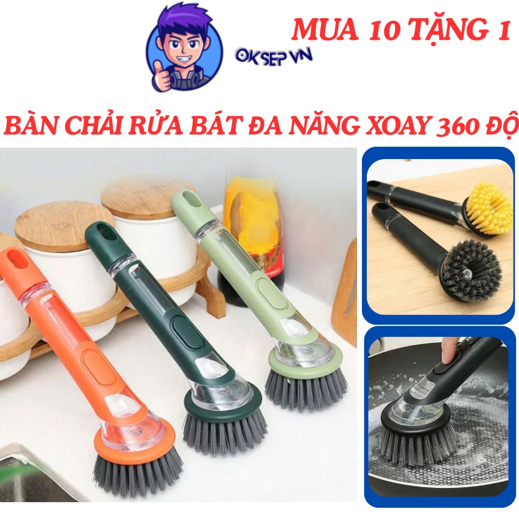 Thế Hệ Mới Mua 10 Tặng 1 Bàn Chải Rửa Bát Đa Năng Xoay 360 Độ Tay Cầm Dài - Cọ Rửa Xoong Nồi Chén Bát Có Ngăn Đựng Xà Phòng