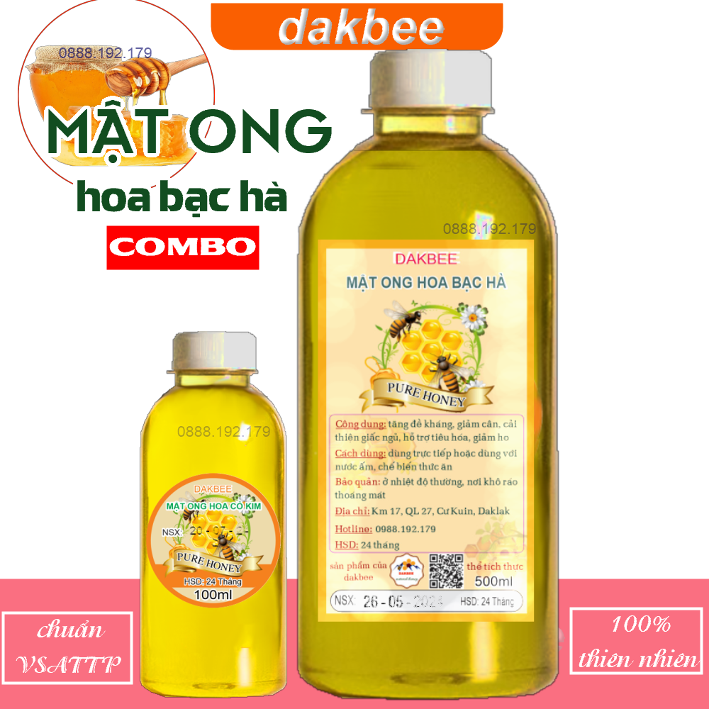 [COMBO] 650g Mật ong hoa Bạc hà & 170g Mật ong hoa cỏ kim nguyên chất - tăng cường sức khỏe, sức đề kháng, CAM KẾT CHẤT LƯỢNG, GIÁ ƯU ĐÃI KHÔNG QUA TRUNG GIAN - DAKBEE