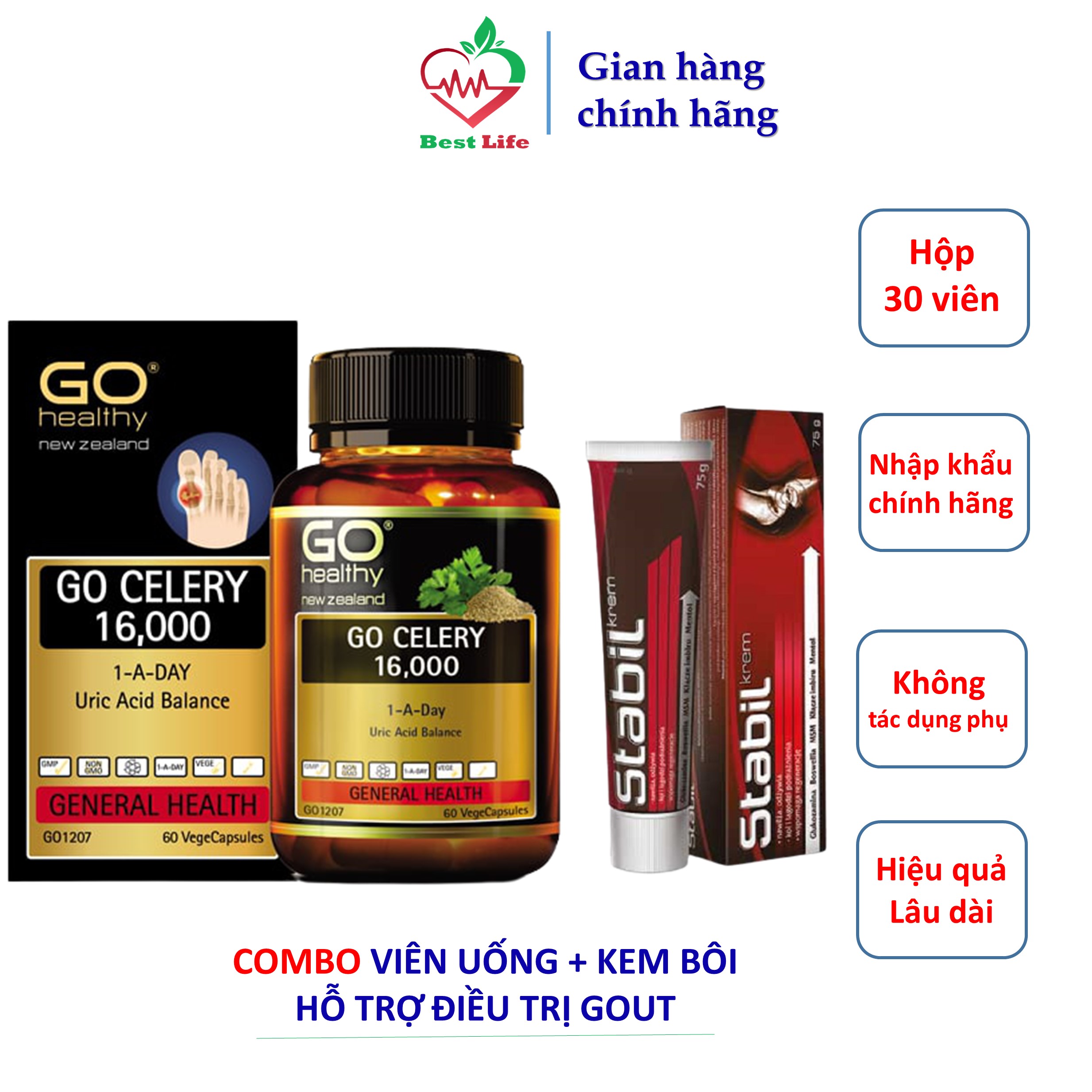 Hỗ trợ giảm đau gout Go Healthy GO Celery 16000 + Kem Bôi Khớp Stabil 75g