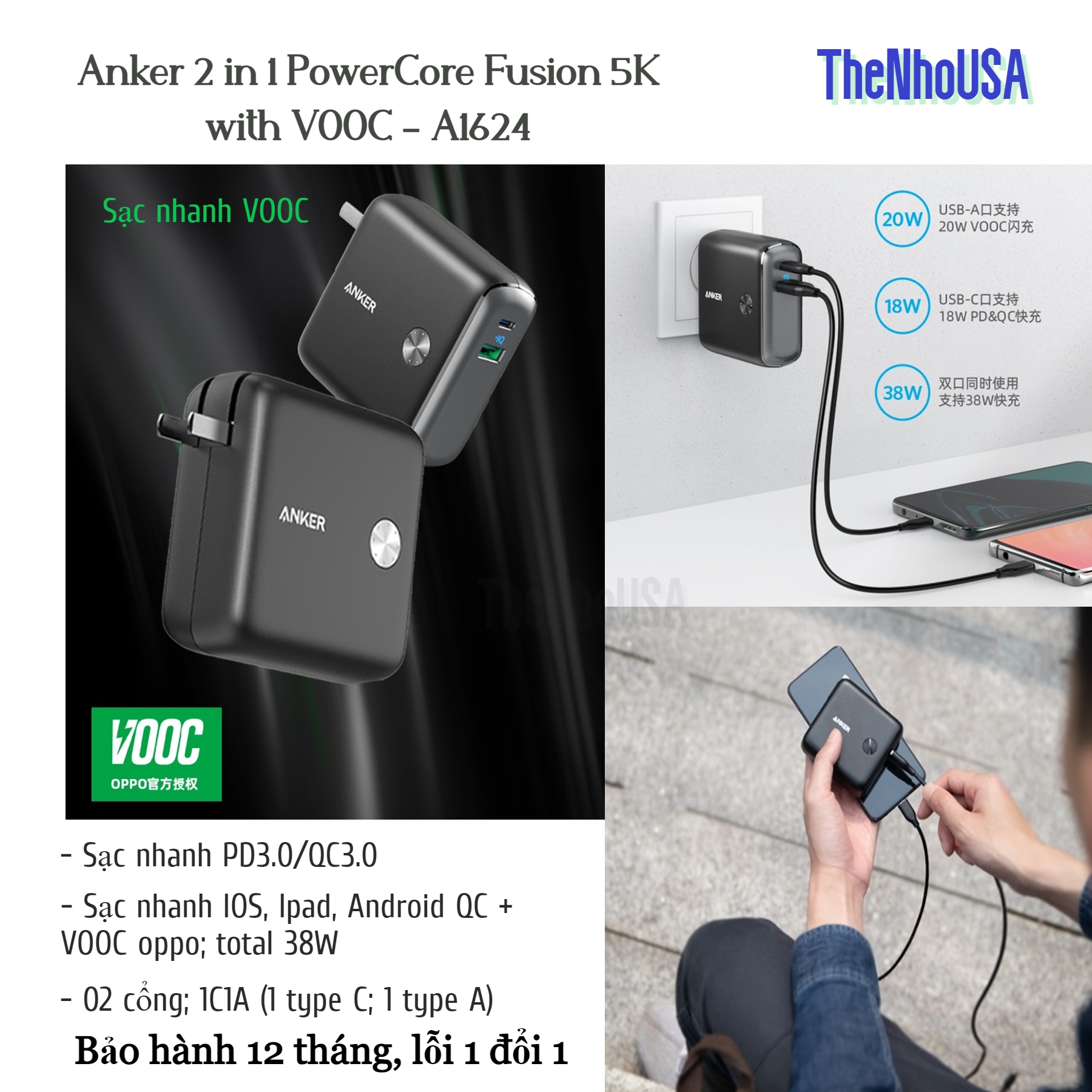 Pin sạc dự phòng 2 in 1 anker powercore fusion 5000k with vooc - a1625