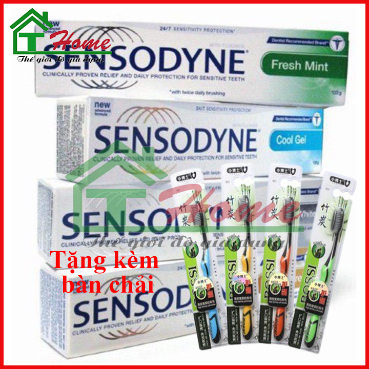 Combo 4 Kem đánh răng Sensodyne Fresh Mint tặng kèm 2 bàn chải đánh răng giảm ê buốt 24/7 100g