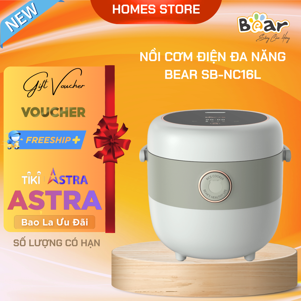 Nồi Cơm Điện Tử Đa Năng Bear 1,6L Cảm Ứng Cảm Biến Nhiệt Chống Trào Giữ Ấm Hẹn Giờ 12 Tiếng Chống Dính Cực Tốt SB-NC16L - Hàng Chính Hãng