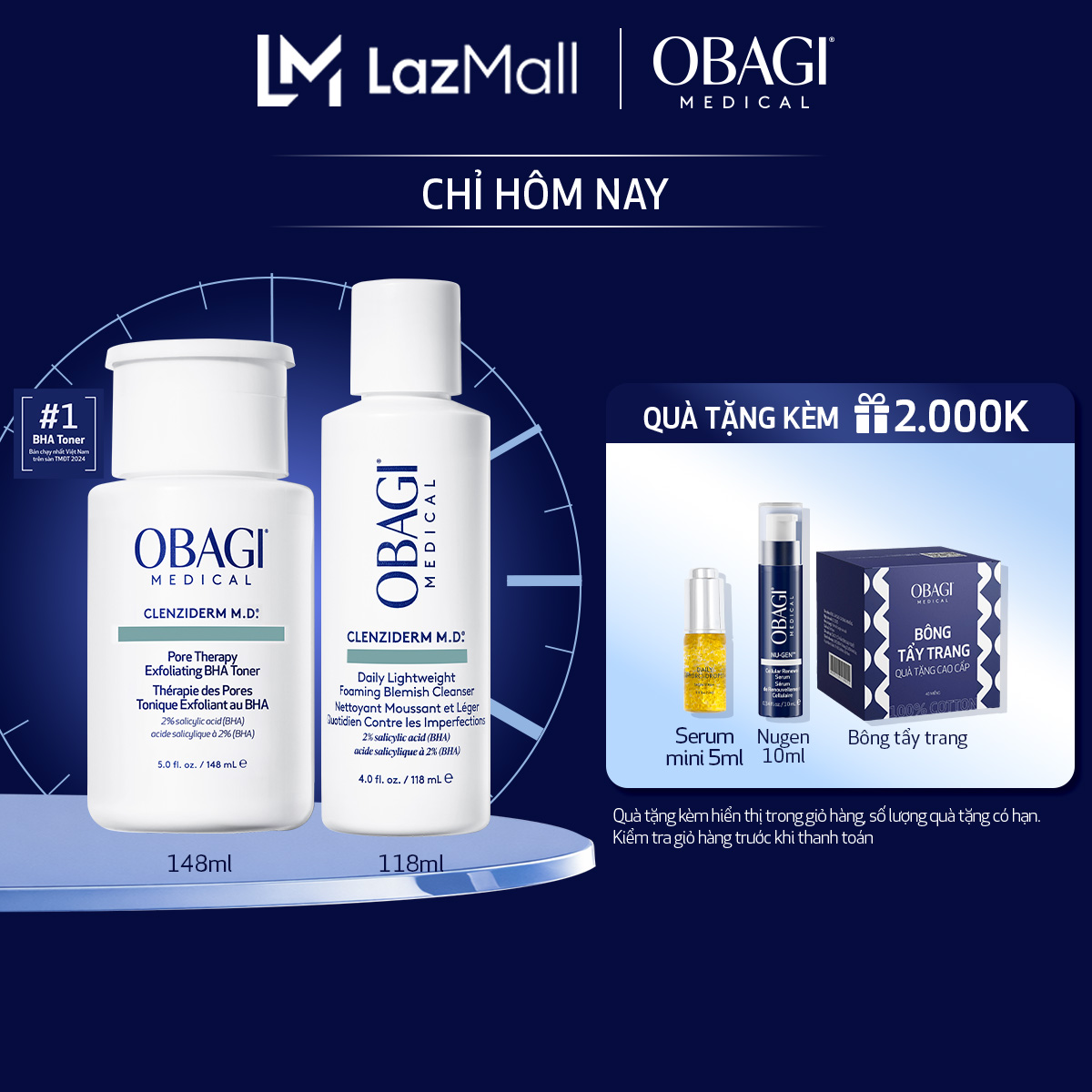 [Phiên bản mới] Bộ đôi dưỡng da Toner BHA làm sạch mụn và tẩy tế bào chết và Sữa rửa mặt Obagi Medical Clenziderm M.D (148ml  118ml)