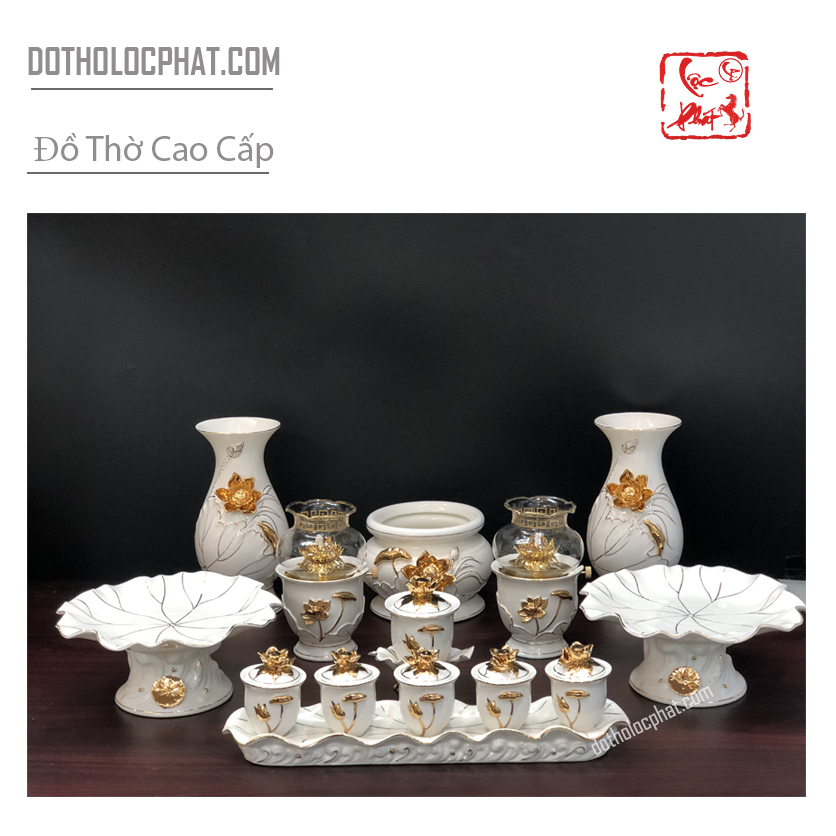 Bộ sứ thờ cúng sen nổi dát vàng cho bàn thờ phật và gia tiên trọn bộ cao cấp - bộ đồ thờ cúng Vip nhiều kích thước