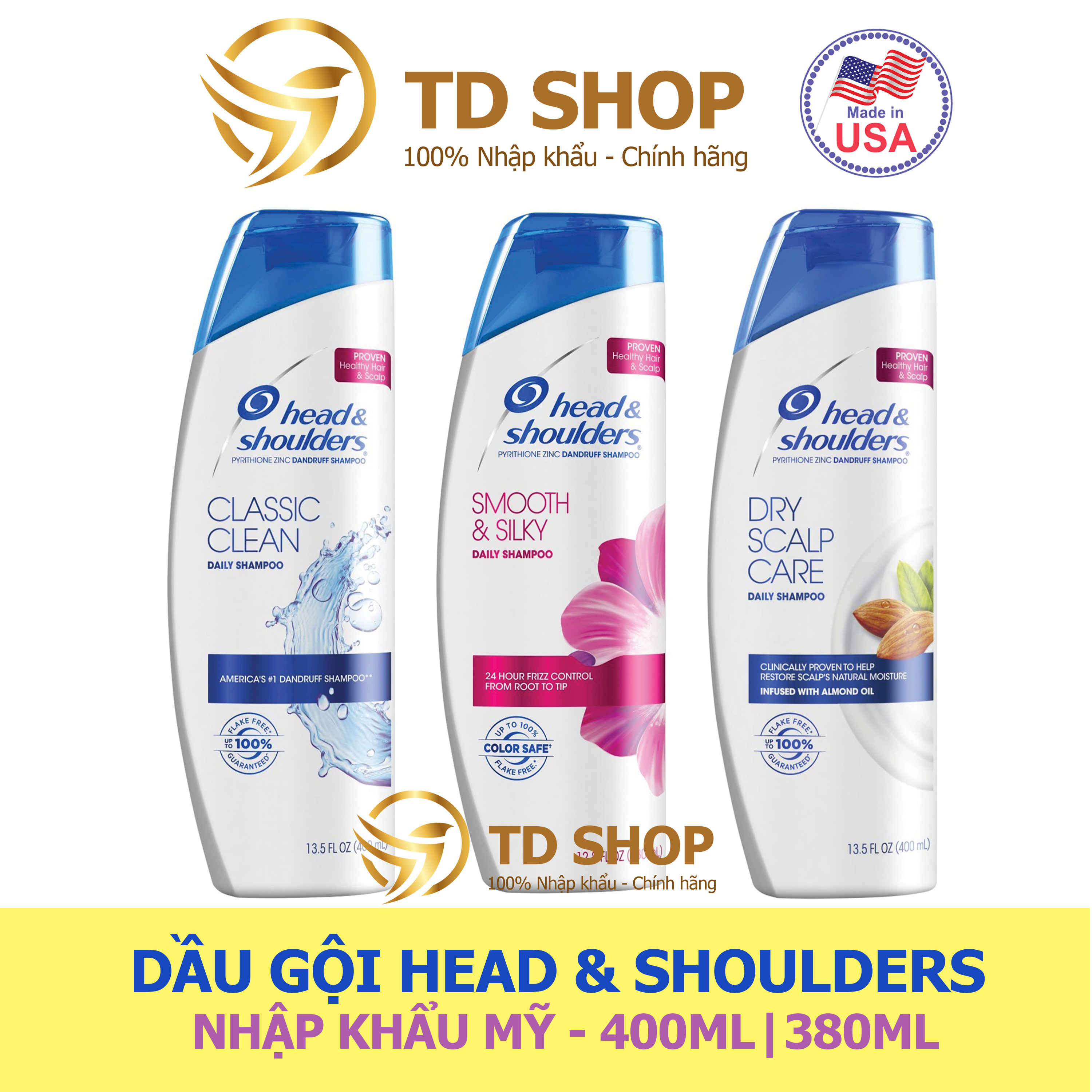 [NK Mỹ] Dầu gội Head&Shoulders (H&S) Mỹ Classic clean I Hạnh Nhân I Suôn mềm óng mượt 400ml - TD Shop
