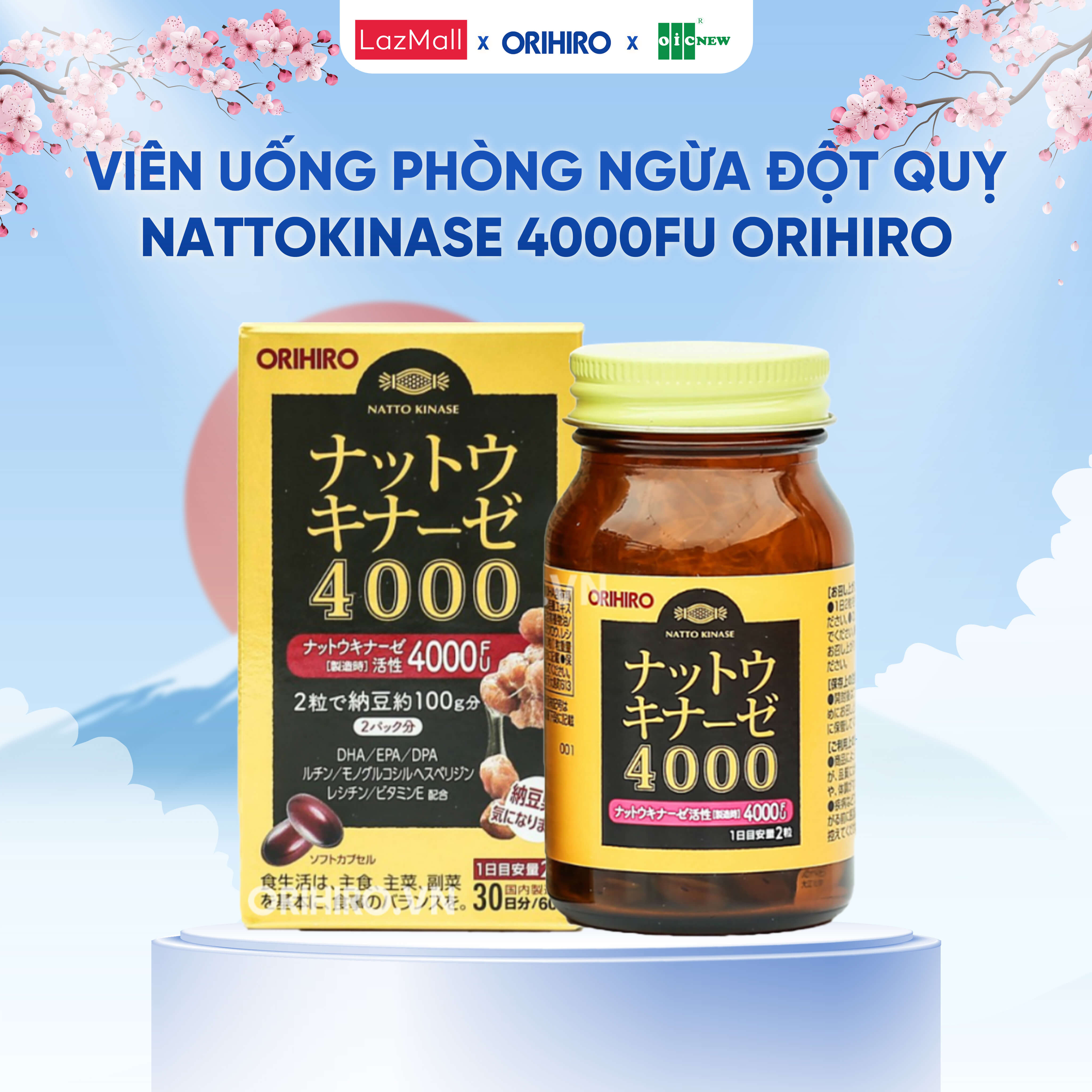 Viên uống phòng ngừa đột quỵ Nattokinase 4000FU Orihiro 60 viên
