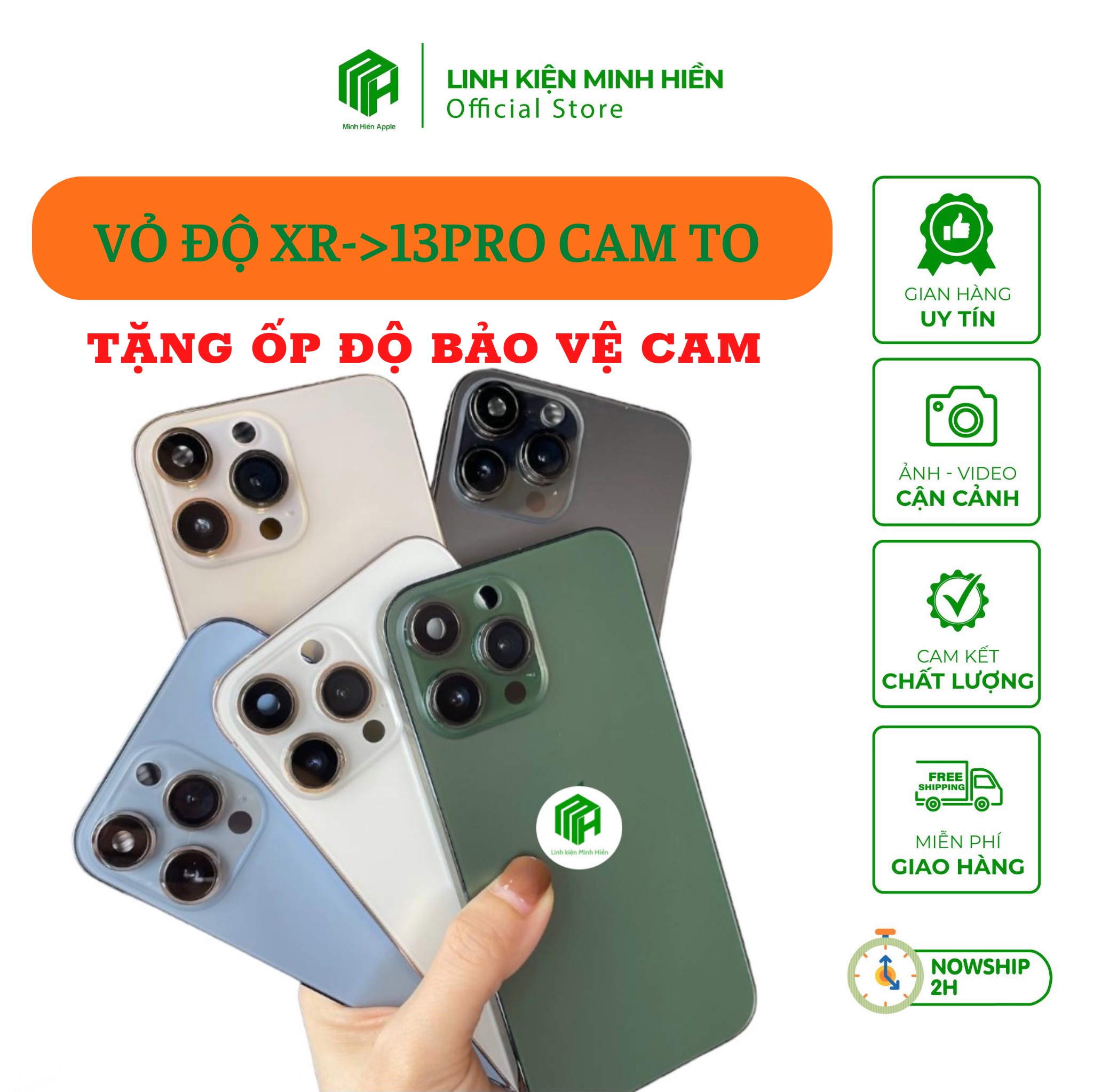 Vỏ điện thoại ip xr độ lên 13 pro, camera to, đủ màu. tặng ốp lưng bảo vệ và ron chống nước.