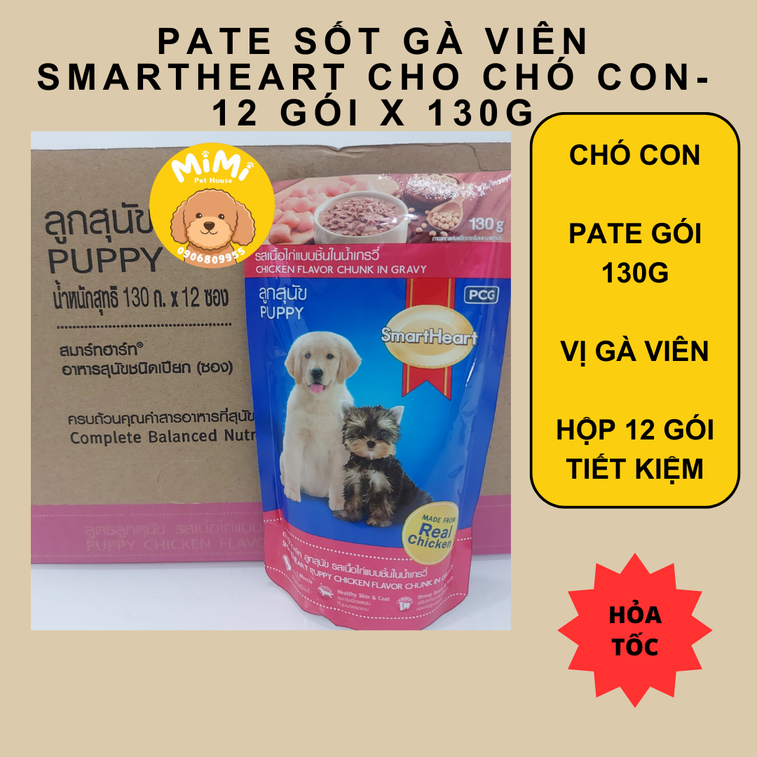 [Hộp 12 gói] Thức ăn dạng sốt Pate Smartheart cho chó con vị gà viên (12x130g)-Date xa