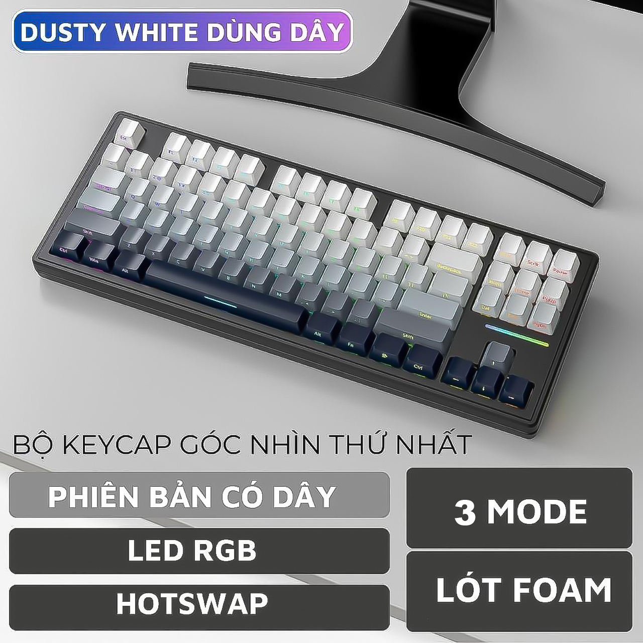 Bàn phím cơ gaming bluetooth M87 LED RGB có Hotswap, White Switch, 3 Chế Độ Kết Nối tương thích với hệ điều hành MAC, Windows, và Android
