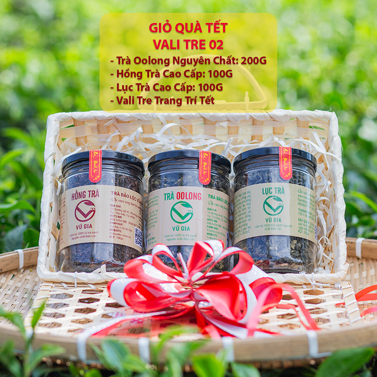 Combo gồm vali tre 02 + 1 hũ trà oolong nguyên chất bảo lộc vũ gia + 1 hũ hồng trà cao cấp nguyên chất vũ gia + 1 hũ lục trà nguyên chất vũ gia
