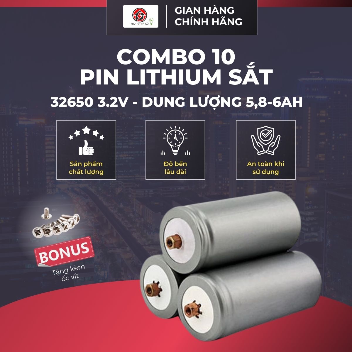 Combo 10 Pin Lithium Sắt 32650 3.2V 5,8-6Ah Tuổi Thọ Dài An Toàn Dùng Cho Xe Điện Sạc Dự Phòng Tặng 