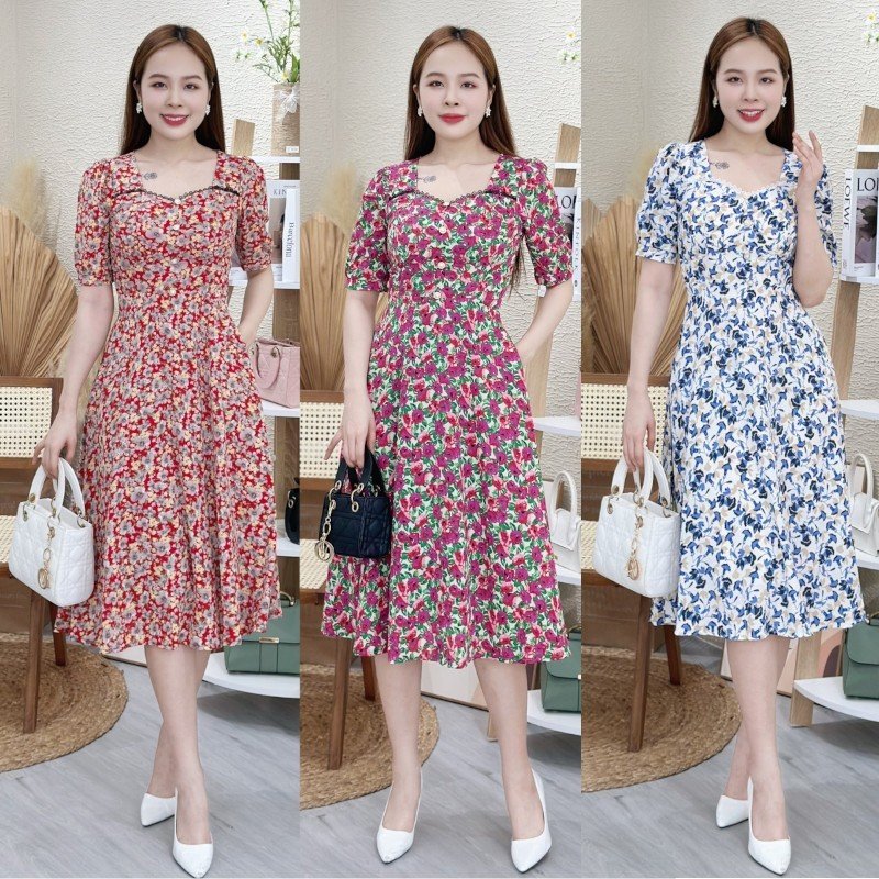 Đầm xòe hoa nhí cổ phối ren, đính nút, có túi misa - ms0281
