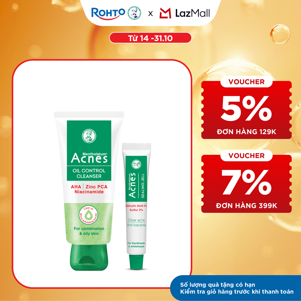 [VB] Bộ đôi sạch sâu, giảm nhờn, ngừa mụn đầu trắng và đầu đen Acnes (Sữa rửa mặt Acnes Oil Control Cleanser 100mL + Gel chấm mụn Acnes Sealing Jell 18g)