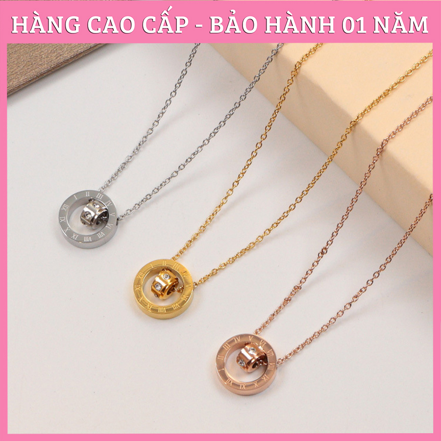 Dây Chuyền Nữ, vòng cổ Titan Ko Đen 2 Mặt Tròn Lồng Nhau Khắc Chữ La Mã