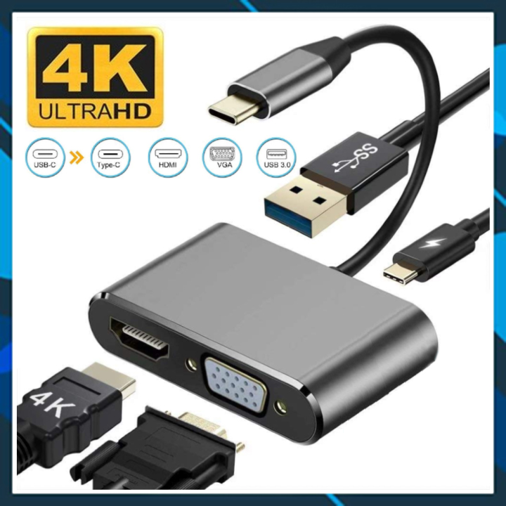 Bộ Chuyển Đổi Hub 4 trong 1 Type C Sang HDMI VGA USB 3.0 PD Type-C 4 in 1 hỗ trợ 4K