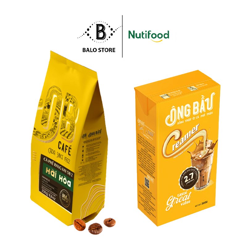 Combo 02: Túi Cà Phê Rang Xay Ông Bầu OB2 Hài Hoà CBCFSDHLA Túi 250g và Creamer Đặc Có Đường Ông Bầu hộp 380g– Thương hiệu NUTIFOOD – BALO STORE