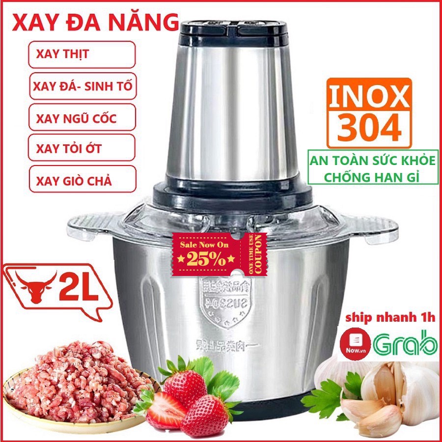 Máy xay thịt, máy xay cầm tay đa năng 2 lít công suất lớn cối inox 304 cao cấp, hoạt động linh hoạt, dễ dàng thao tác thân máy cối có thể tháo dời, dễ dàng vệ sinh