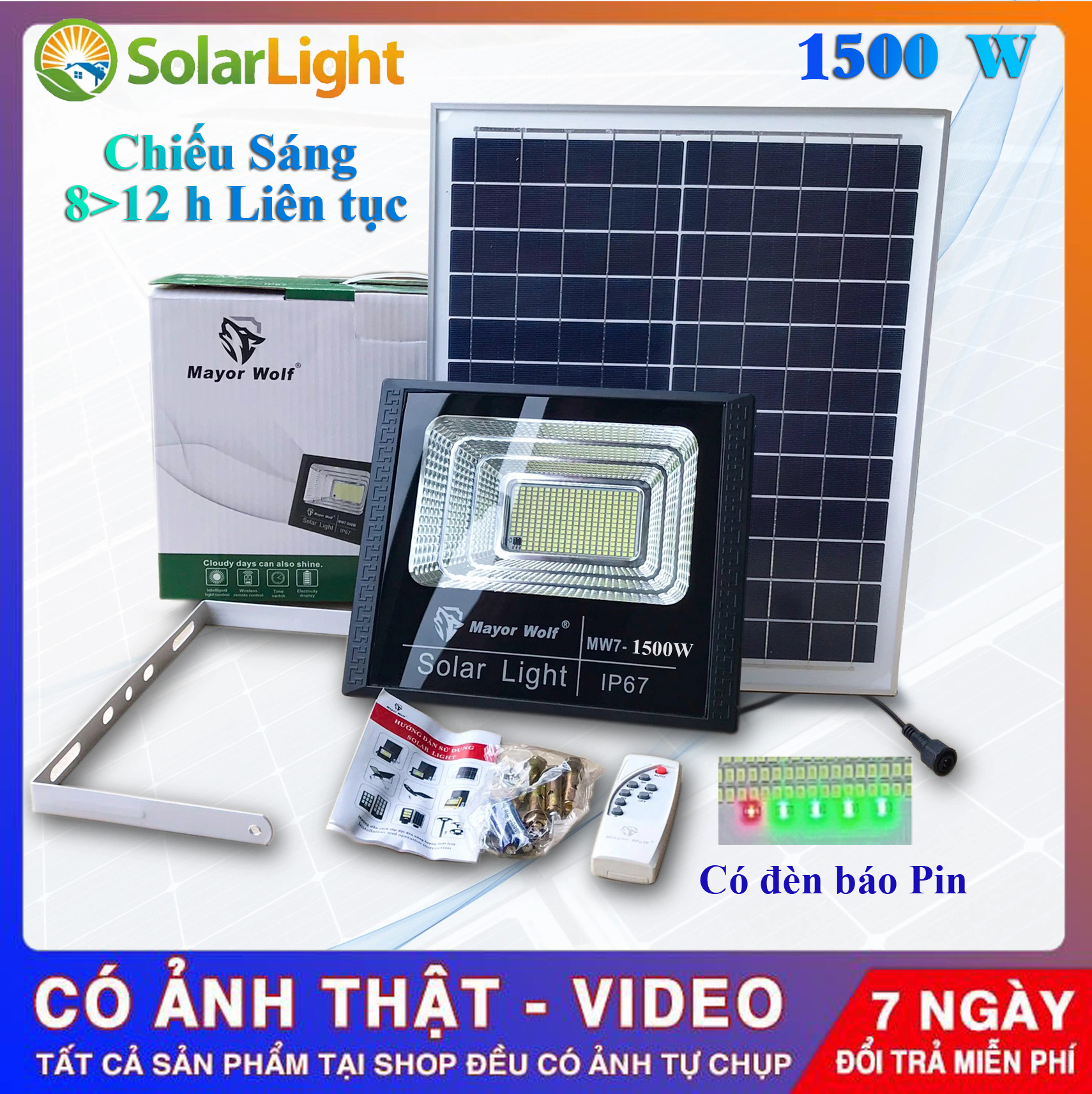  đèn led năng lượng mặt trời solar light 1500w siêu sáng bảo hành 24 tháng chống nước tuyệt đối hoạt động cả khi trời mưa thời gian chiếu sáng 10 đến 12 giờ 