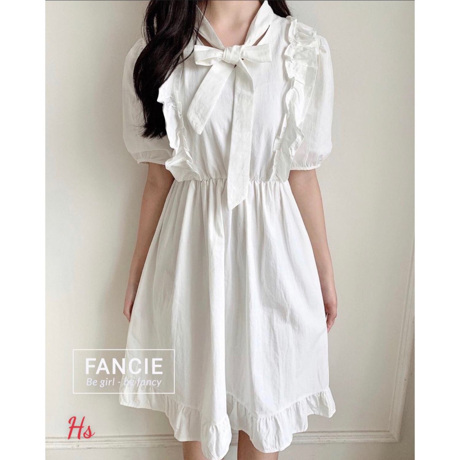 Đầm babydoll nữ cộc tay nơ buộc nơ v040 váy nữ bèo dáng xòe 3 tầng trơn trắng ngắn tay