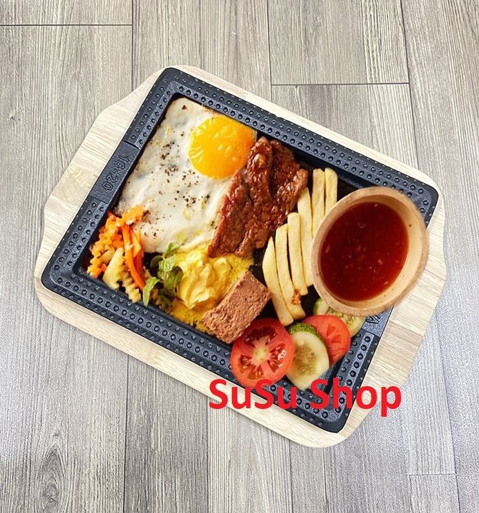 Bộ chảo gang bít tết, bánh mì chảo 2in1 kèm đế gỗ cao cấp