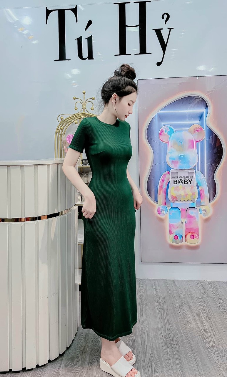 Đầm ôm body sang trọng dáng ôm dài tay ngắn cổ tròn thun len tăm sang trọng đi tiệc