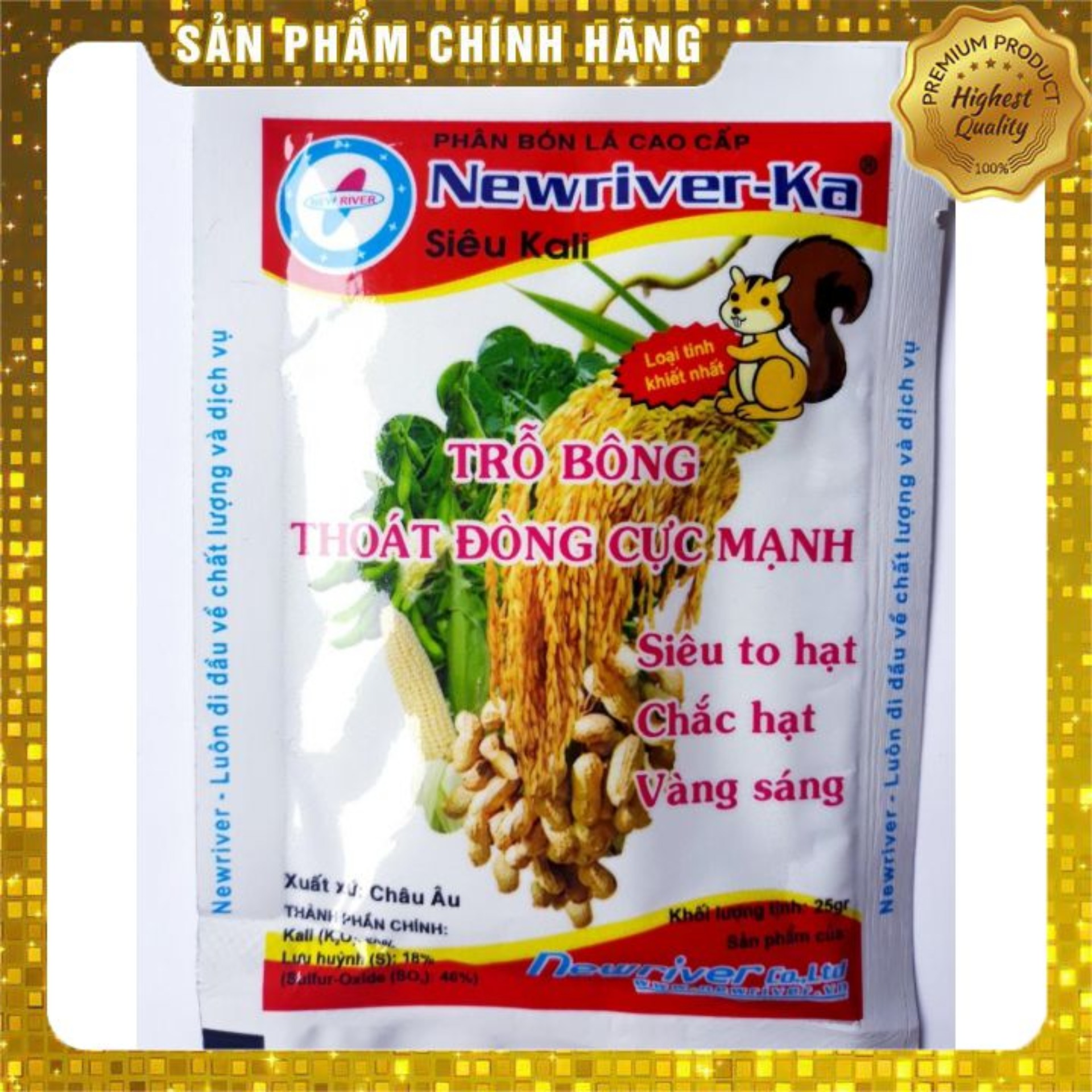 Phân bón la cao cấp Siêu Kali NEWRIVER-KA (25g) " Trỗ bông thoát đòng cực mạnh. Siêu to hạt, chắc hạt, vàng sáng.