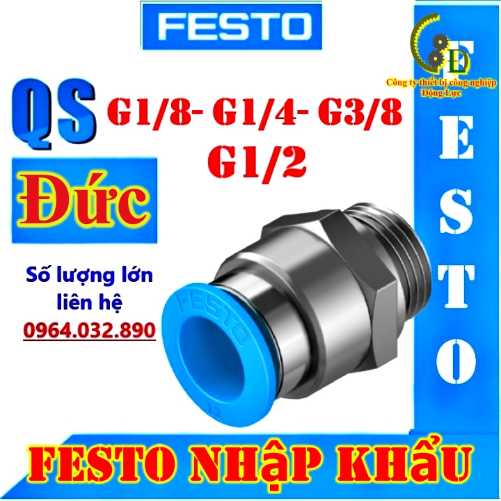 Khớp nối nhanh ren ngoài khí nén festo Đức, Đầu cút nối nhanh bằng đồng ống hơi phi 10 QS-G1/4-10