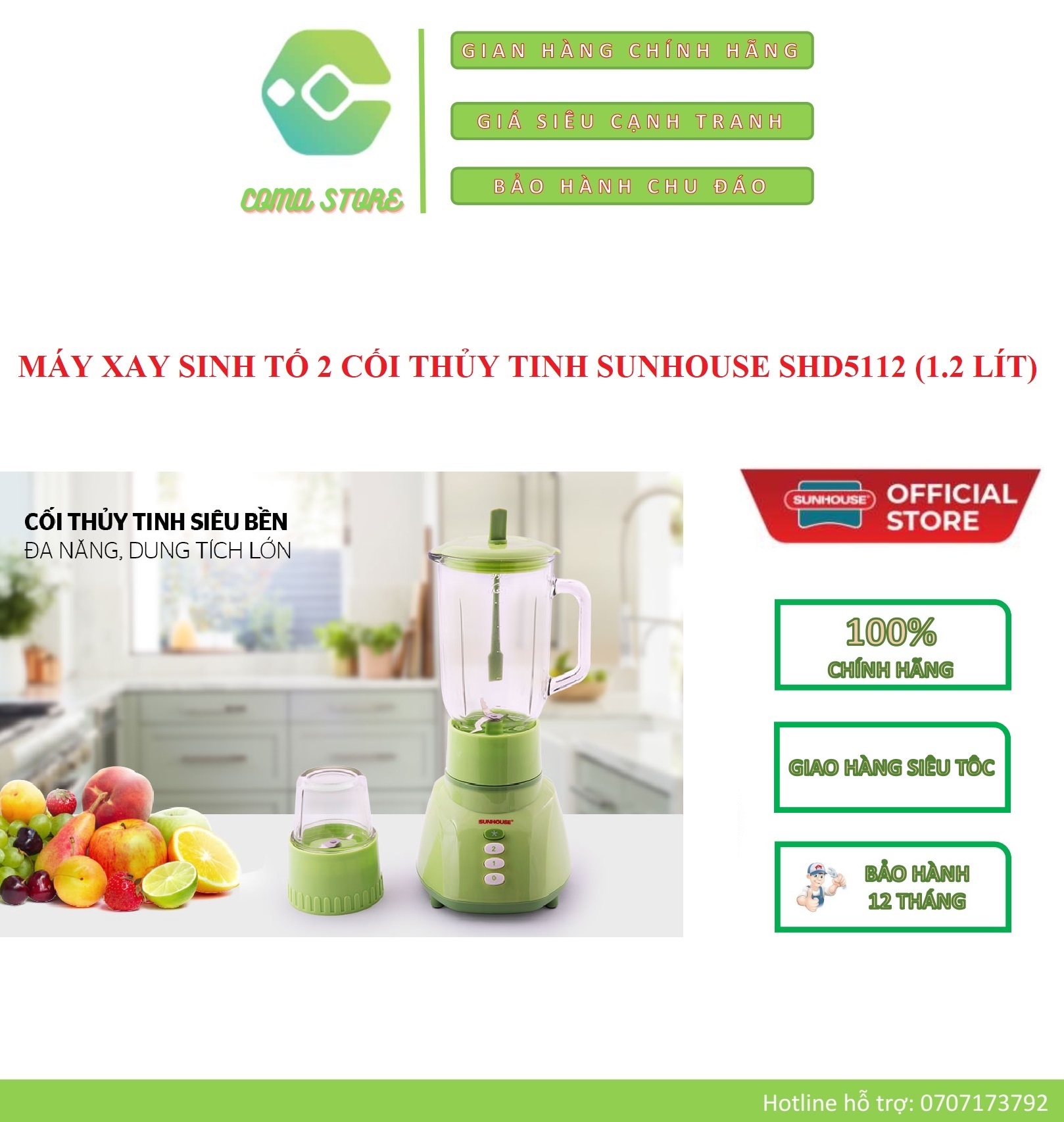 [HCM]SHD5112 - MÁY XAY SINH TỐ SUNHOUSE 1L 2 CỐI THỦY TINH – BẢO HÀNH CHÍNH HÃNG 12 THÁNG