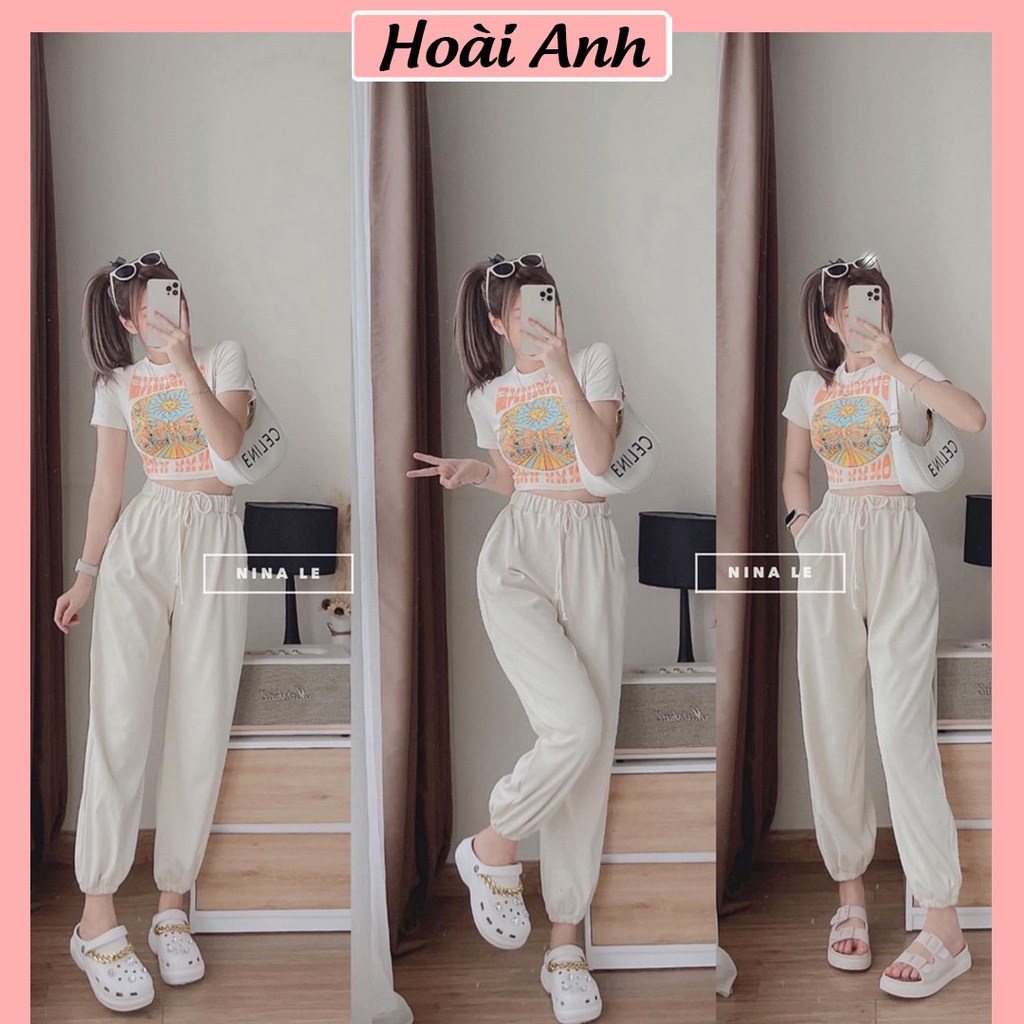 Set bộ sunshine áo croptop cổ tròn ngắn tay mix quần jogger bo gấu cạp chun dây rút freesize