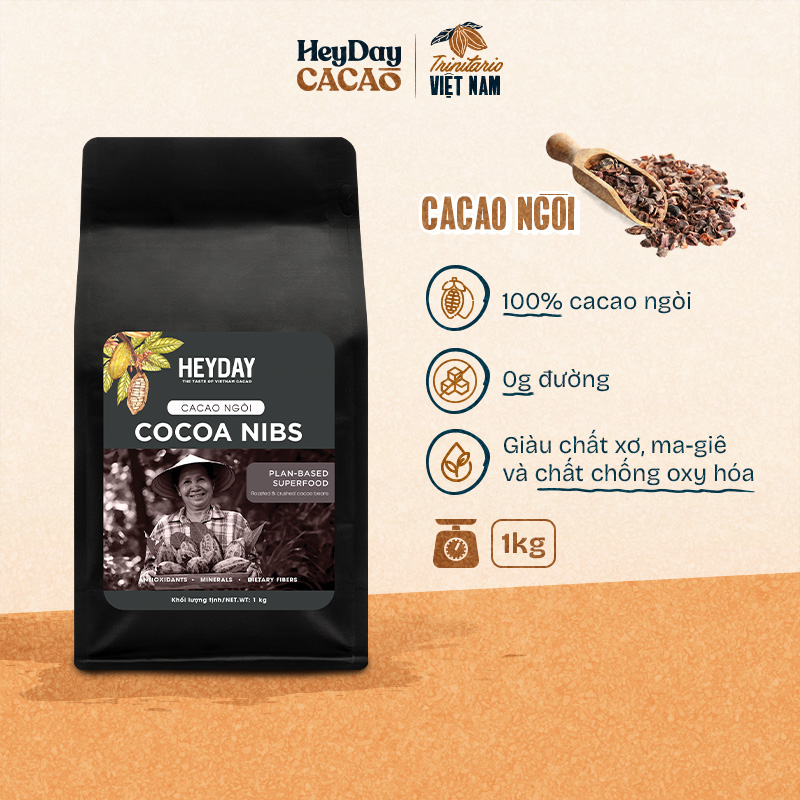 Cacao ngòi (cocoa nibs) Heyday - Túi zip 1kg - Hỗ trợ giảm cân, keto hiệu quả - Chứng Nhận UTZ - Không đường - (Chocolate) Socola dạng thô, tự nhiên 100%