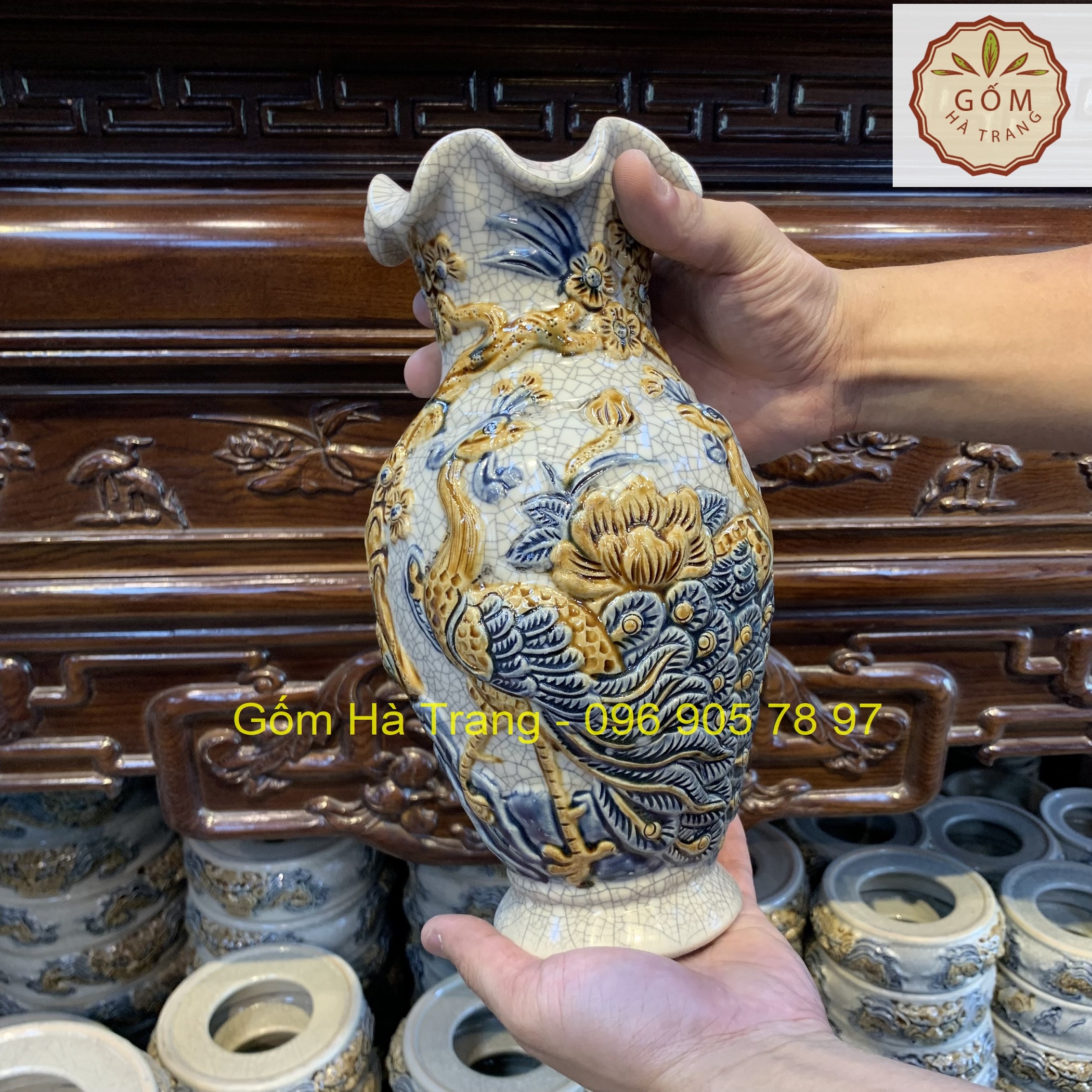 Lọ hoa cao 32,34,36cm - họa tiết rồng-phượng-sen-công đào - men rạn đắp nổi bát tràng