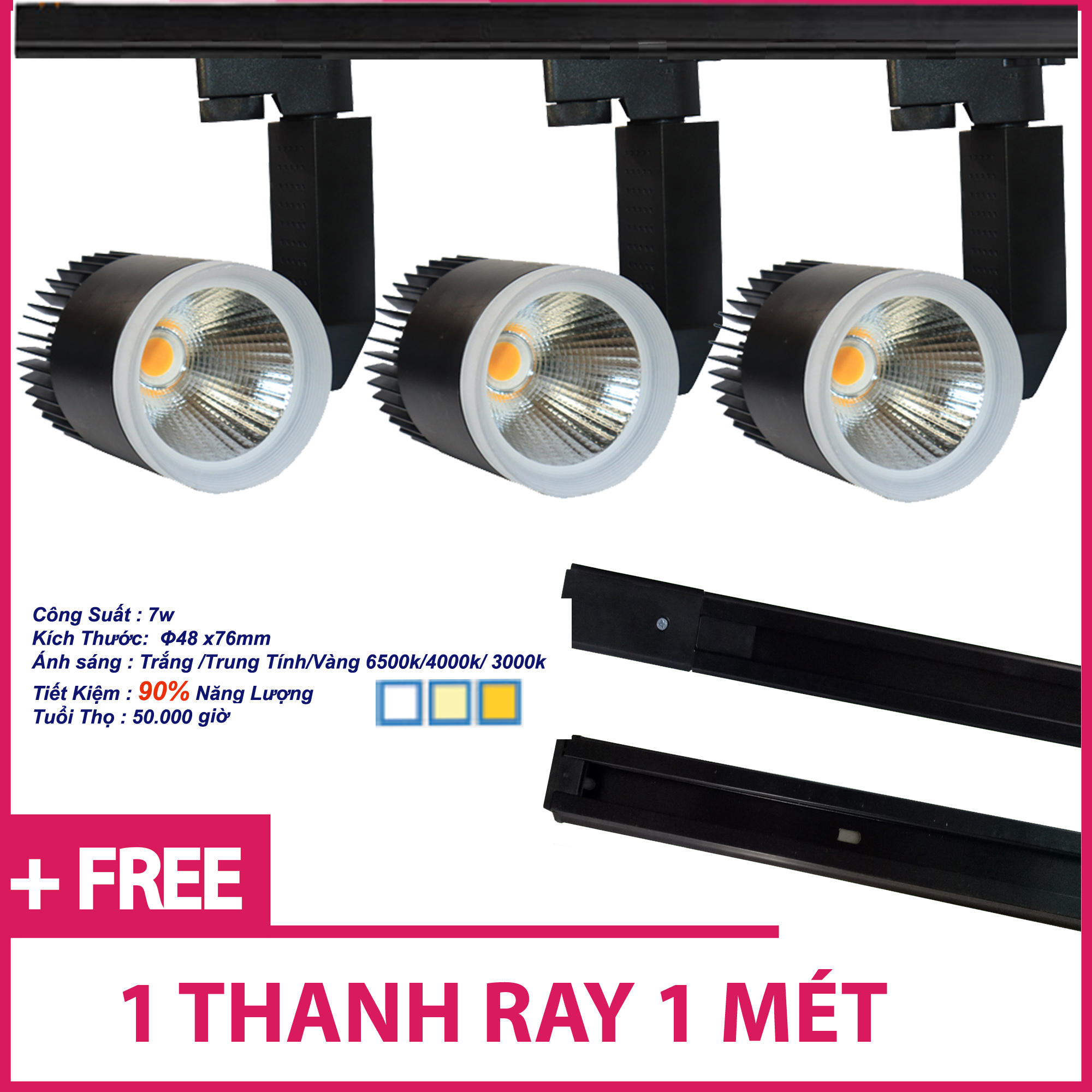 Bộ 3 đèn led rọi ray cob 7w vỏ đen và 1 thanh ray
