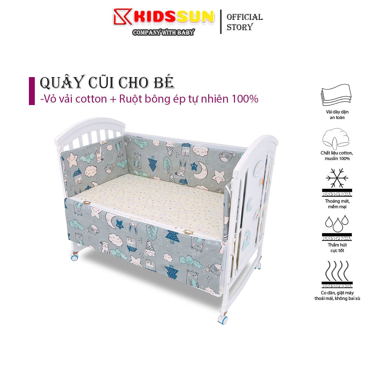 Quây Lót Đệm 4 Tấm KIDSSUN Cho Giường Cũi , Cũi Trẻ Em Chất Liệu Vải Cottom Đệm Lót Trứng Nhiêu Màu Sắc Và Kích Thước
