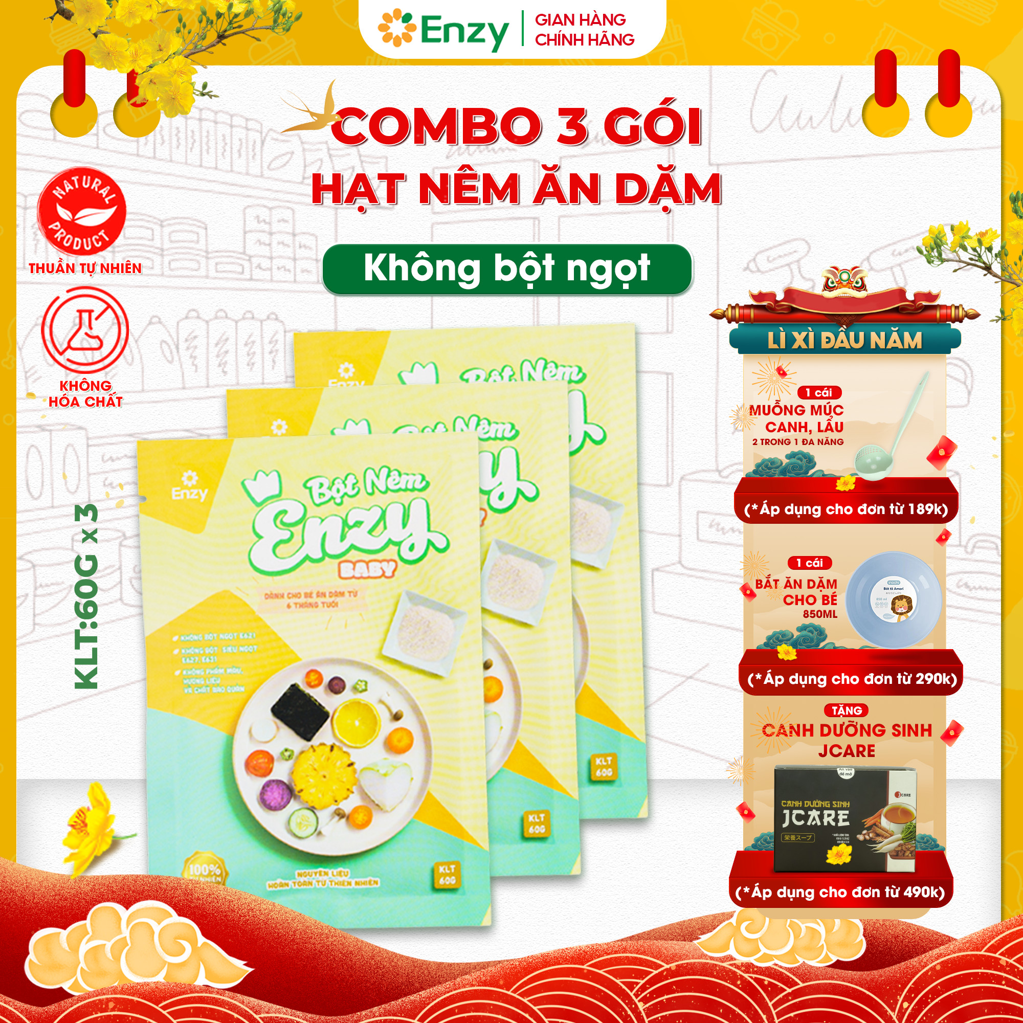 Combo 3 gói hạt nêm ăn dặm Enzy Baby, thuần tự nhiên không bột ngọt