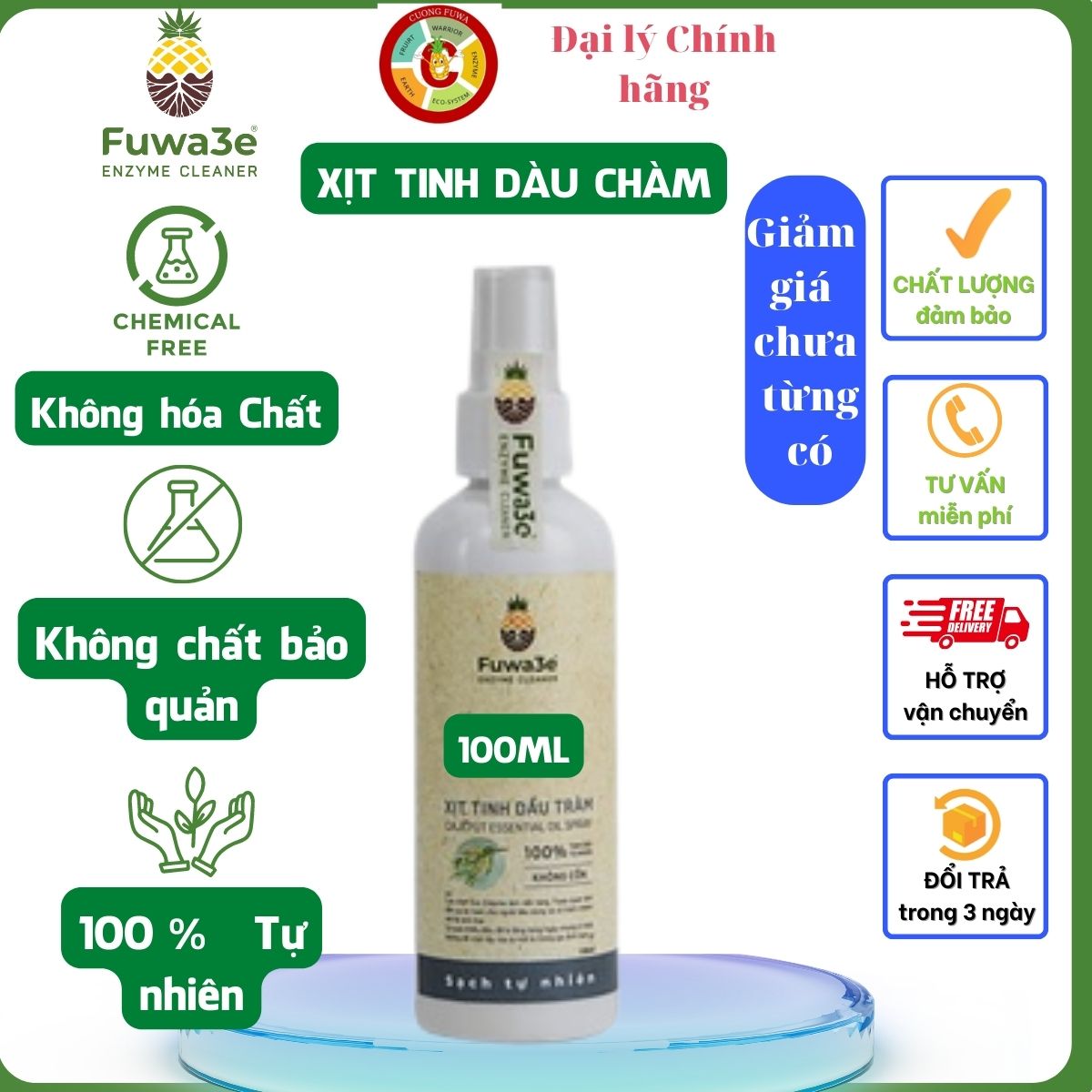 Xịt tinh dầu tràm diệt khuẩn Fuwa3E - Chai xịt 100ml