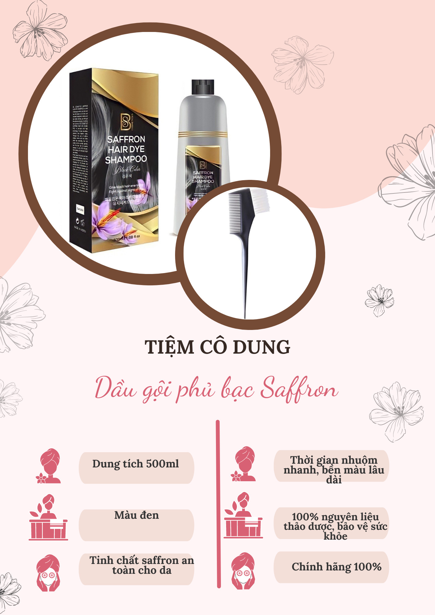 Dầu gội phủ bạc Saffron Shampoo - Tinh chất saffron - nhụy hoa nghệ tây - Tặng kèm lượt chải nhuộm
