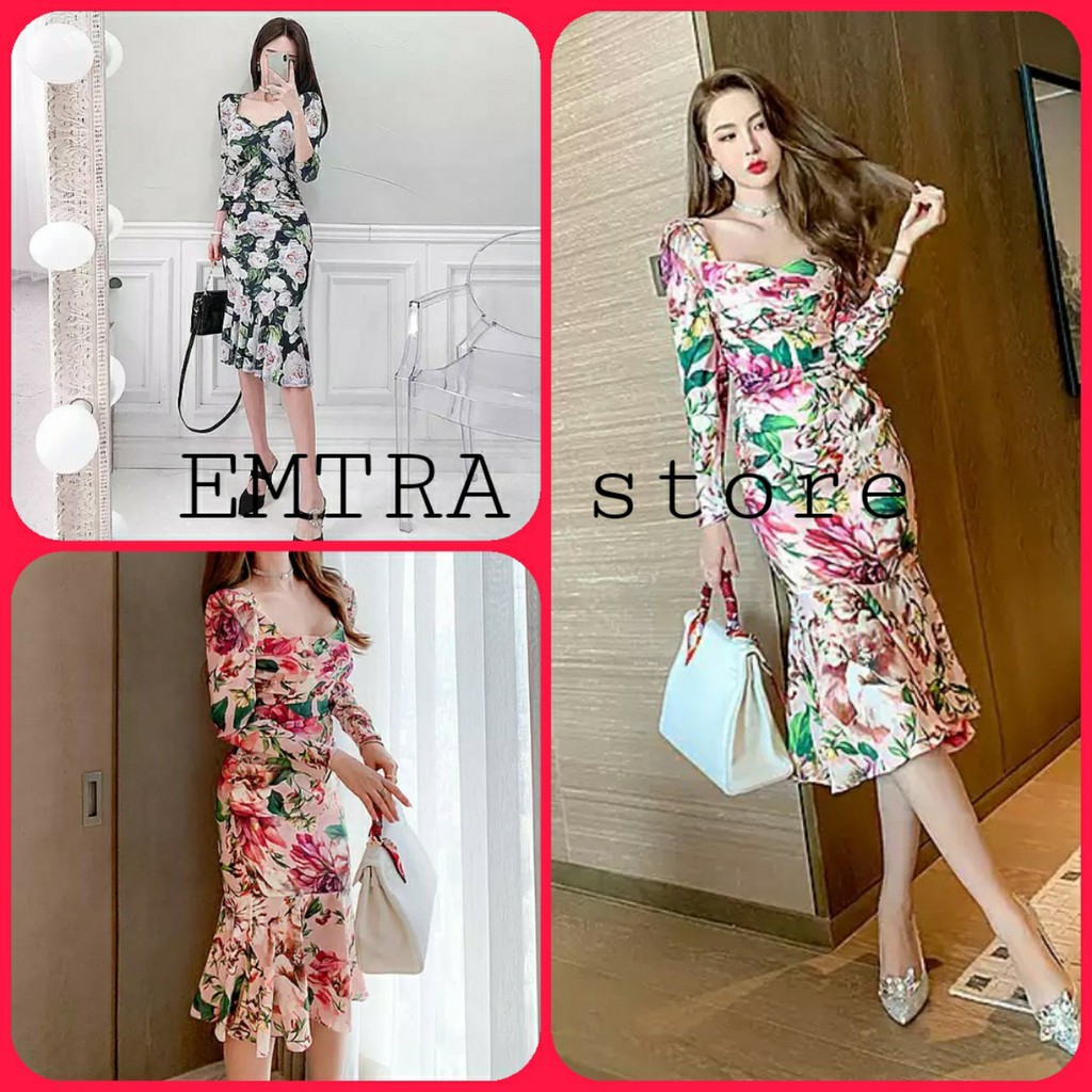 [HCM]Đầm Body Tay Dài in Hoa 3D đuôi cá chất lụa mát đi dự tiệc đi biển dạo phố cực sang - EmTra store (BD185)