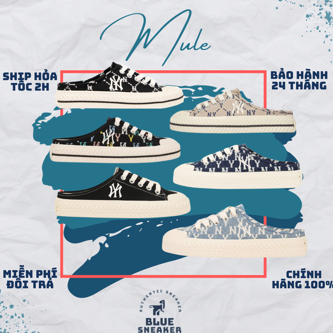 Giày đạp gót mlb mule màu đen dễ mang, mlb ny, blue sneaker 1999