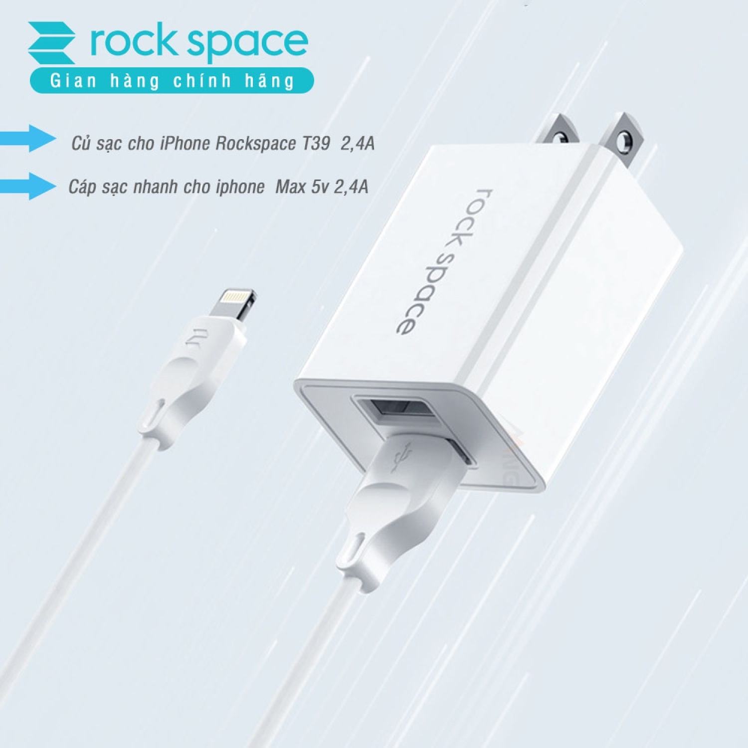 Bộ củ cáp sạc nhanh cho iphone ROCKSPACE T39 củ sạc 2 cổng 2.4A hàng chính hãng bảo hành 12 tháng lỗi 1 đổi 1