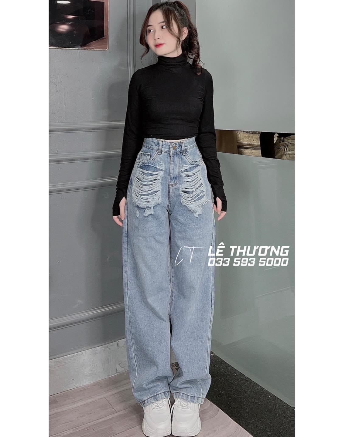 Set Baggy Jeans Ống Suông Rách Mảng + Áo Cổ Lọ Đen