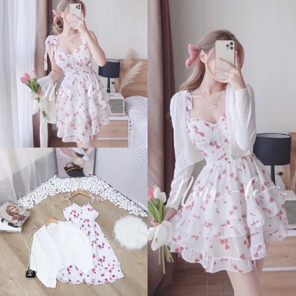 Sét đầm hoa nhí 2 dây buộc nơ vai 2 tầng kèm áo cardigan trắng thun gân BESTHOME