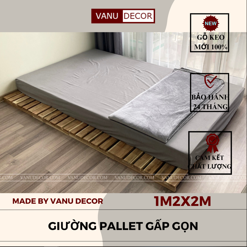 Giường pallet gỗ VANUDECOR tự lắp ghép dễ dàng, gấp gọn tiện lợi kích thước 1m2x2m nhiều màu sơn