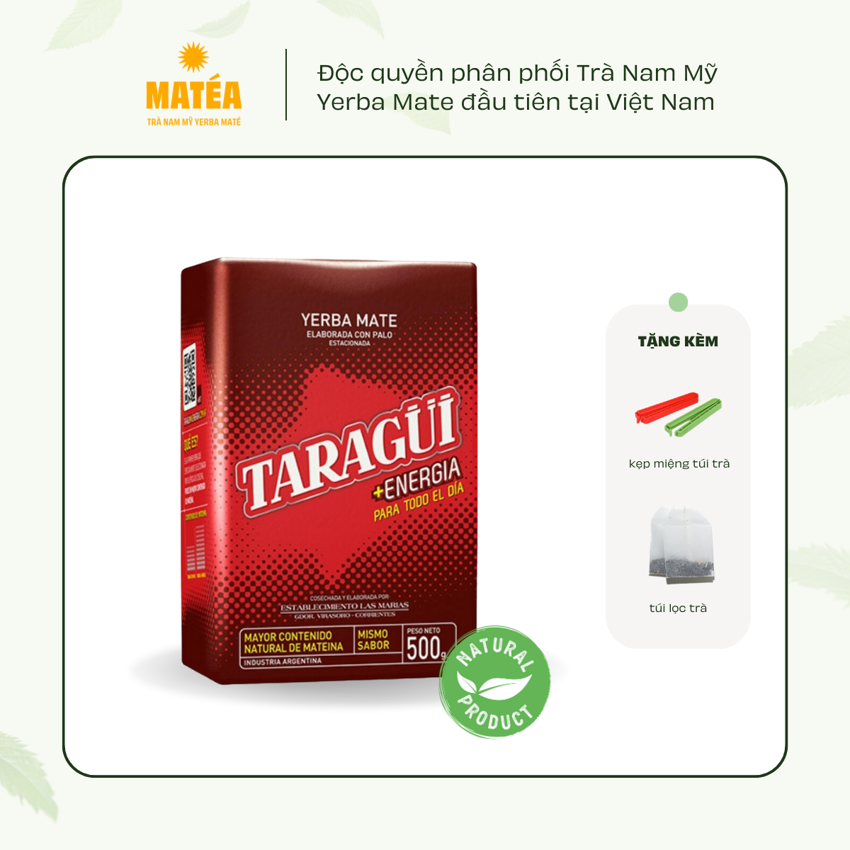 Trà Yerba Mate Dòng Tăng Lực 500gr - TARAGUI +ENERGIA +30% CAFFEINE - Trà Nam Mỹ - Tặng kẹp trà + túi lọc