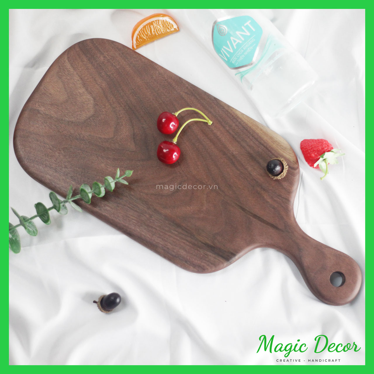 Thớt gỗ trang trí decor tay cầm trơn - gỗ óc chó nguyên khối cao cấp kích thước 18x39cm - bày đồ ăn, steak, thịt nguội cao cấp cực đẹp