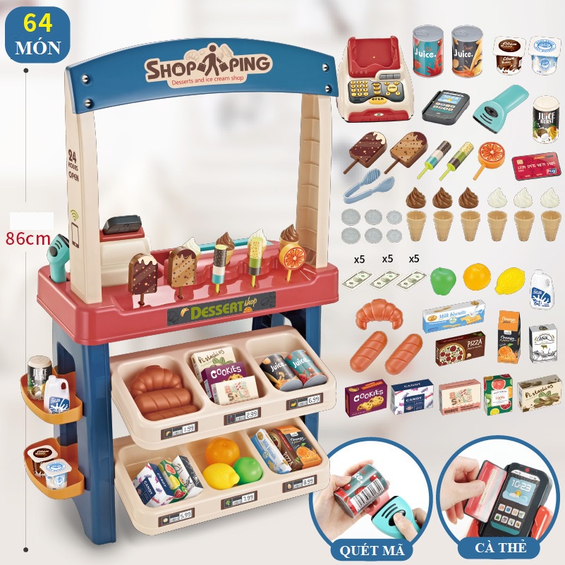 Đồ chơi quầy hàng siêu thị, đồ chơi quầy thu ngân cho bé tập bán hàng, máy bán hàng, máy quét mã, máy cà thẻ