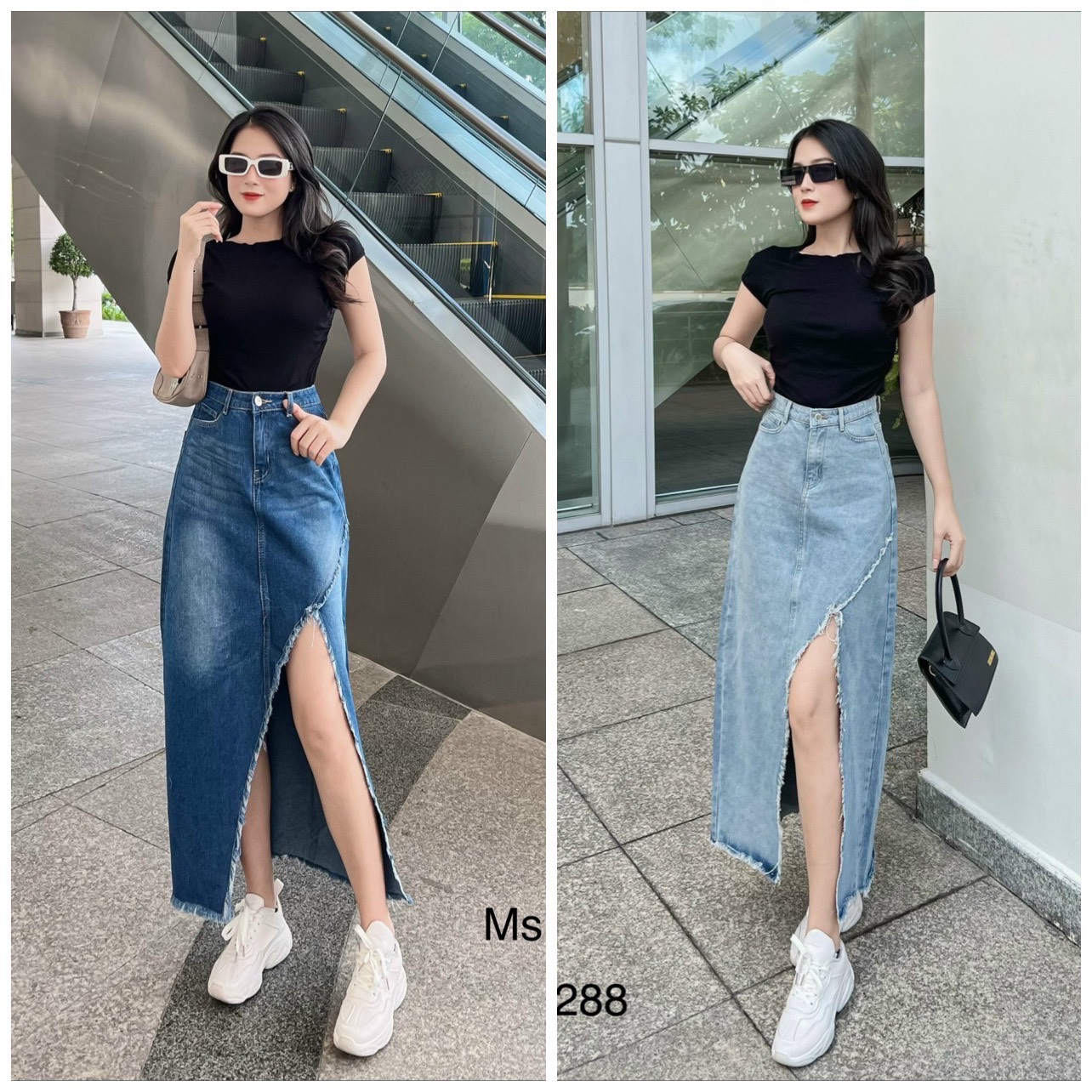 Chân váy jeans dài xẻ tà siêu xinh cw