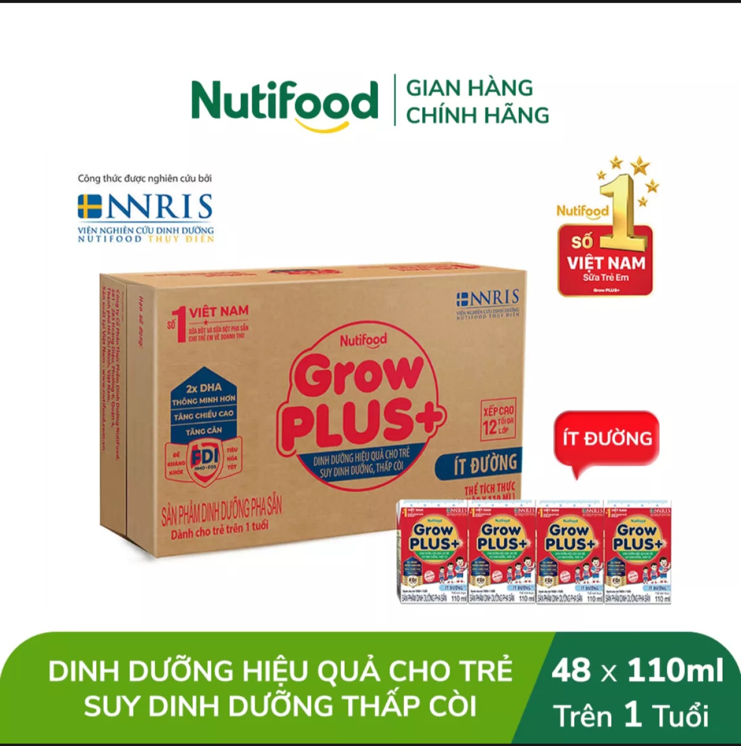 Thùng 48 hộp sbps nutifood grow plus+ sdd ít đường