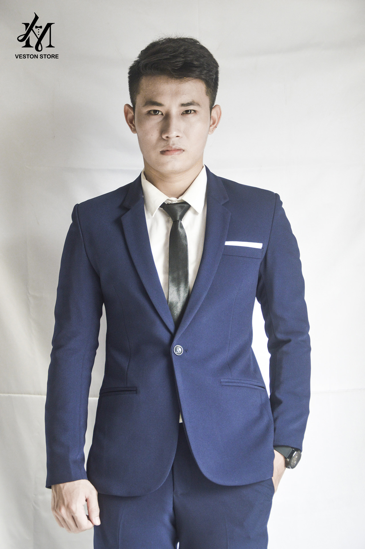 [HCM]Bộ vest nam form ôm body  màu xanh đen (áo+quần+cà vạt+nơ)